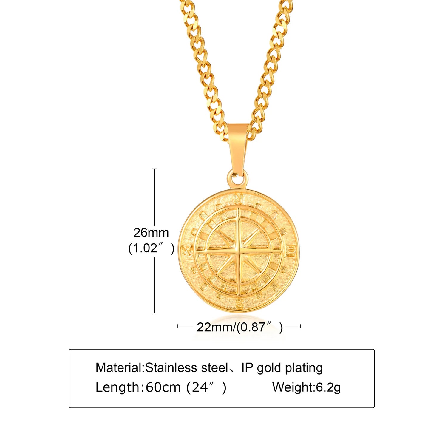 Gold Colour Men's Compass Necklaces - Vintage Viking Stainless Steel Pendant