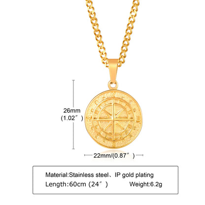 Gold Colour Men's Compass Necklaces - Vintage Viking Stainless Steel Pendant