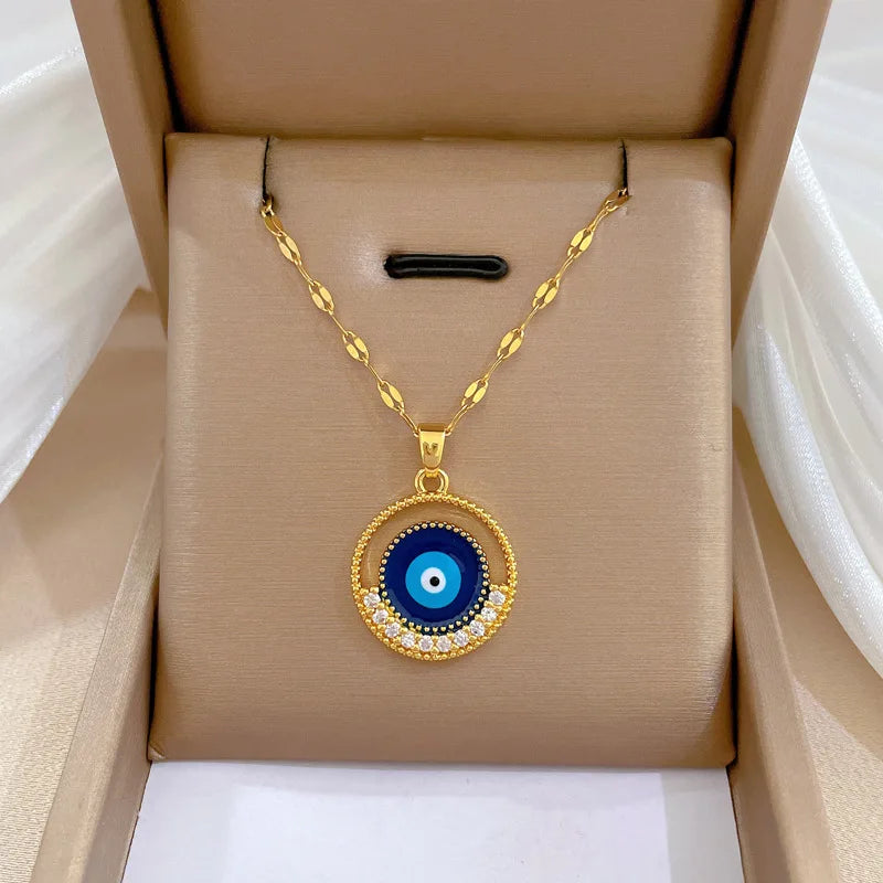 Stainless Steel Round Blue Eyes Pendant Necklace For Women