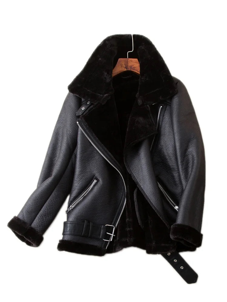 Winter Coats Women Fur Leather Jacket Aviator Outwear