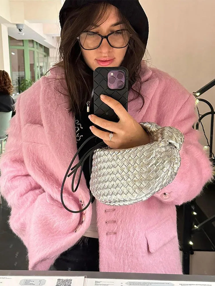 Women Pink Lapel Wool Jackets