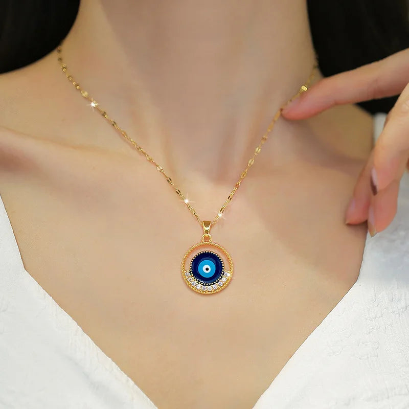 Stainless Steel Round Blue Eyes Pendant Necklace For Women