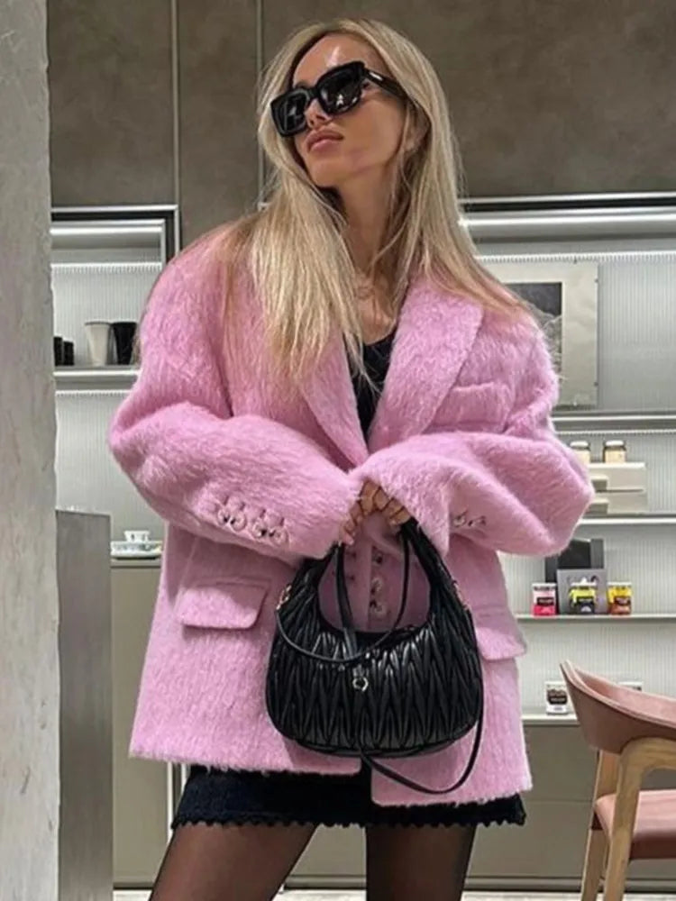 Women Pink Lapel Wool Jackets