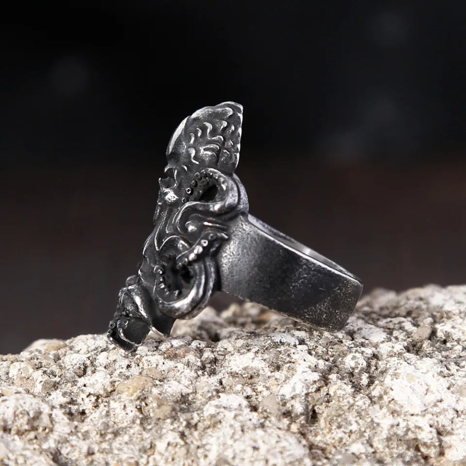 Unique Vintage Stainless Steel Black Octopus Rings for Men