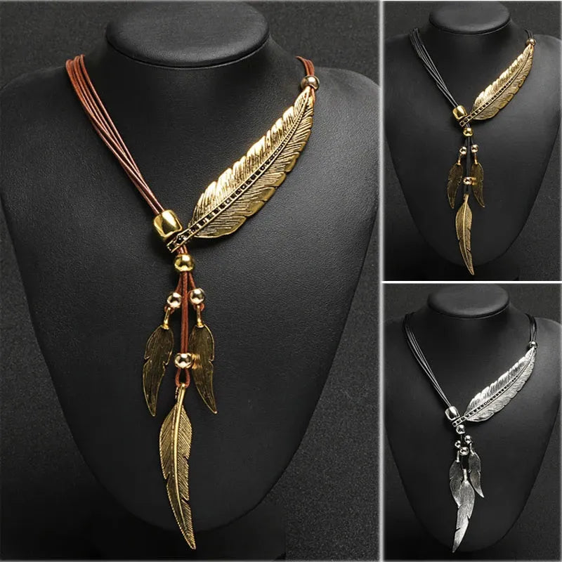 Gold Color Rope Chain Leaf Feather Pattern Pendant for Women