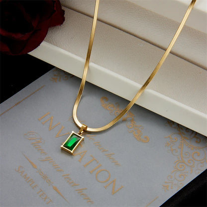 Stainless Steel Square Green Crystal Necklace Earrings For Women Jewellery Set