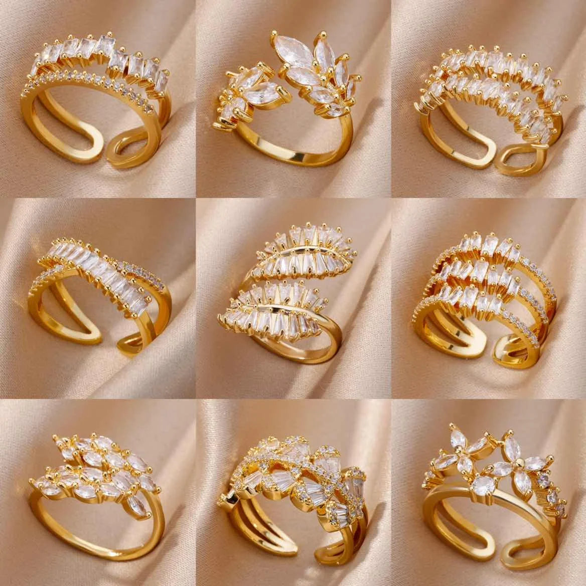 White Zircon Flower Leaf Shape Stainless Steel Rings For Women Adjustable Aesthetic Wedding Ring Light Luxury Female Jewelry BFF