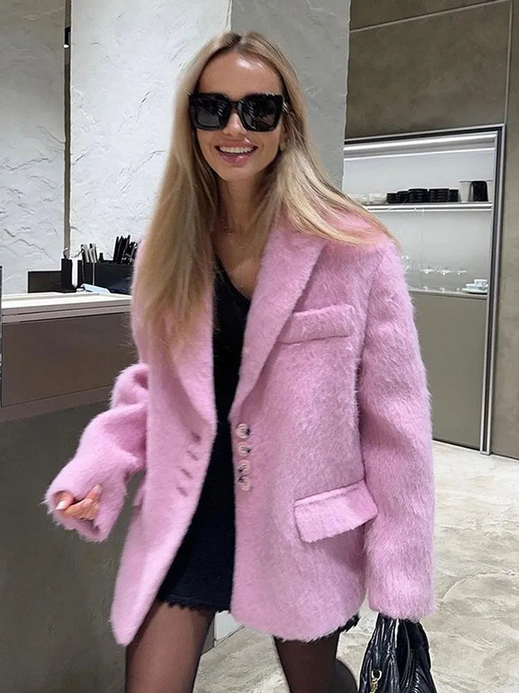 Women Pink Lapel Wool Jackets