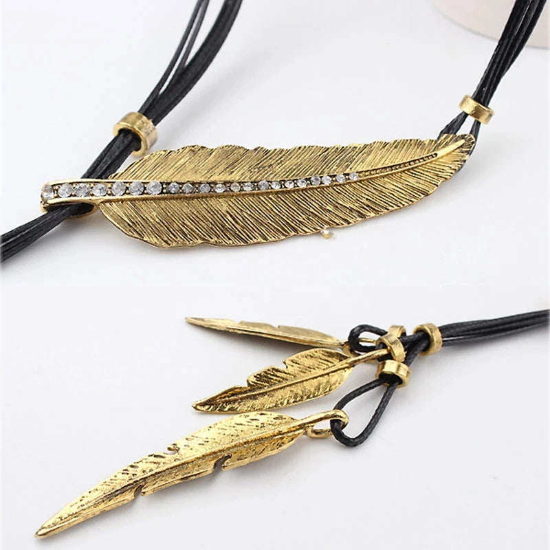 Gold Color Rope Chain Leaf Feather Pattern Pendant for Women