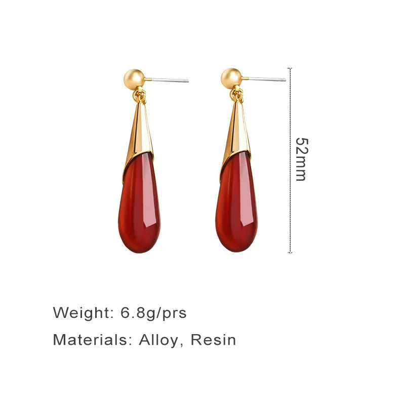 Red Resin Water Drop Metal Earrings For Women Retro Jewellery Vintage