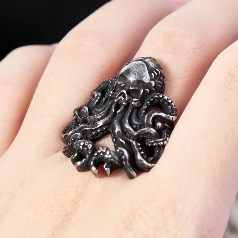 Unique Vintage Stainless Steel Black Octopus Rings for Men