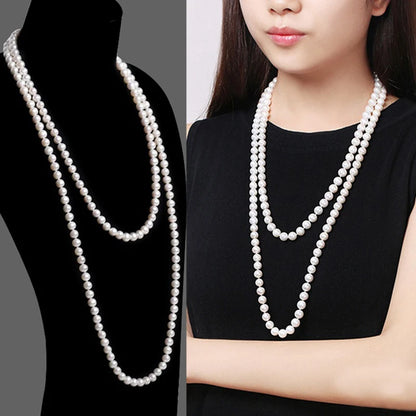 Long Cream Glass Necklace For Women Imitation Pearl Jewellery