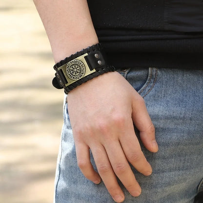 New Trendy Wide Leather Compass Bracelet for Men