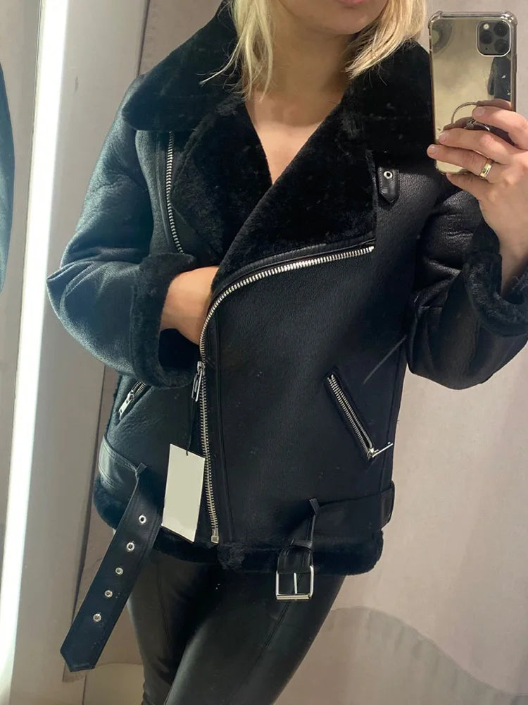 Winter Coats Women Fur Leather Jacket Aviator Outwear