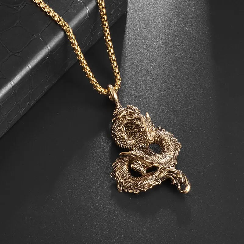 Retro Dragon Pendant Gold Color Necklace Men and Women