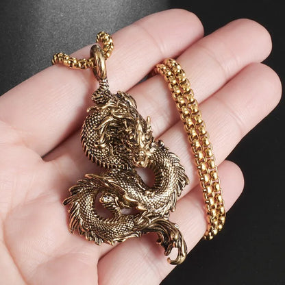 Retro Dragon Pendant Gold Color Necklace Men and Women