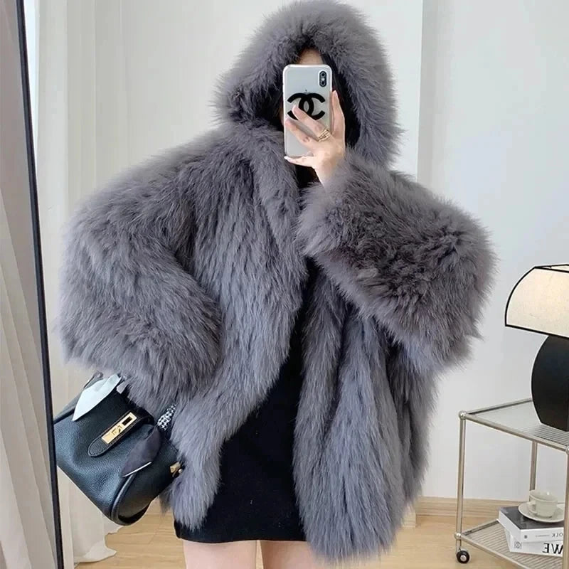 Trendy Hooded Faux Fur Coats super Warm Winter Furry Jacket Women