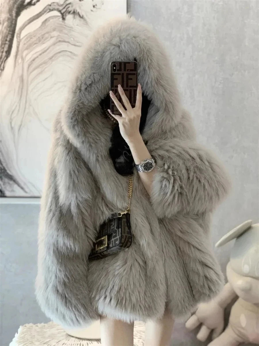 Trendy Hooded Faux Fur Coats super Warm Winter Furry Jacket Women