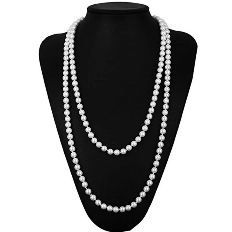 Long Cream Glass Necklace For Women Imitation Pearl Jewellery