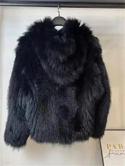 Trendy Hooded Faux Fur Coats super Warm Winter Furry Jacket Women