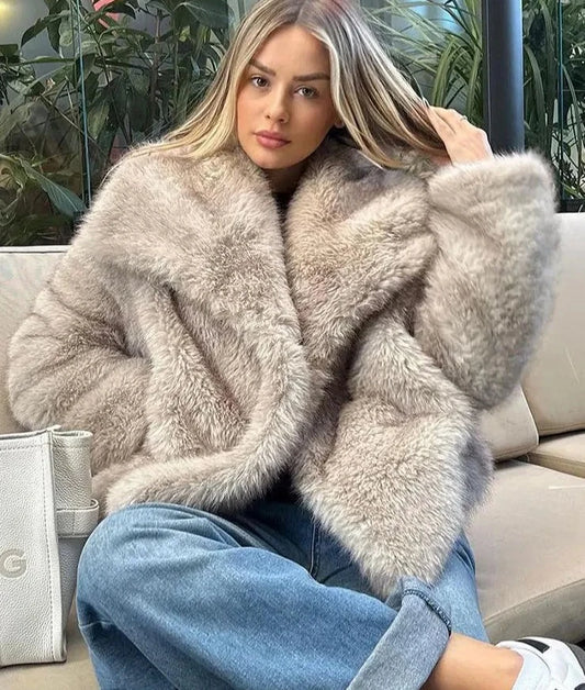 Faux Fur Jacket For Women Elegant Solid Lapel Long Sleeve Coat Winter