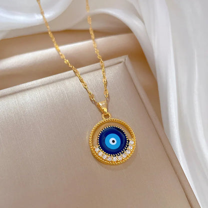 Stainless Steel Round Blue Eyes Pendant Necklace For Women