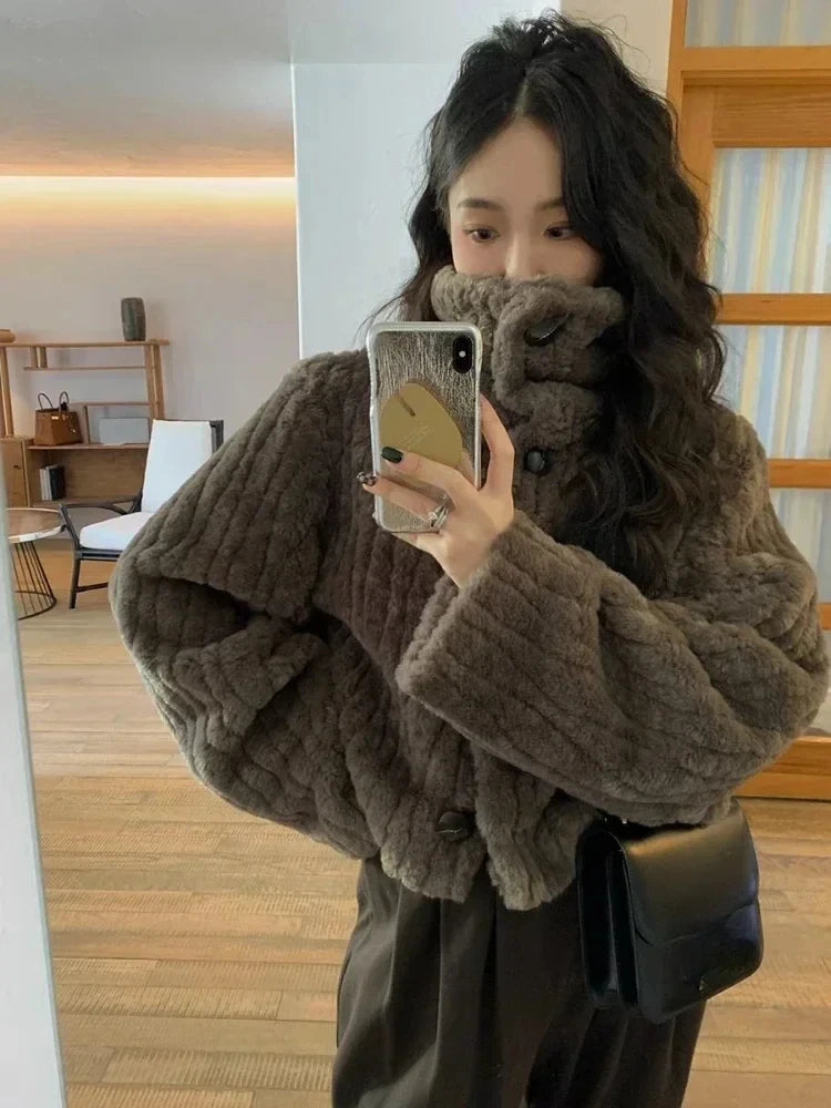 Thicken Fur Jacket Women Street Turtleneck Coat Autumn Winter