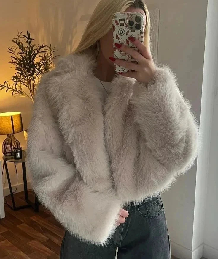 Faux Fur Jacket For Women Elegant Solid Lapel Long Sleeve Coat Winter