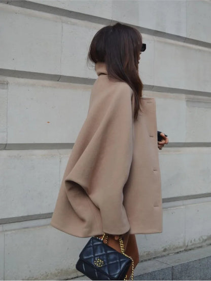 Shirt Collar Cape Sleeves Pocket Wool Short Coat Women