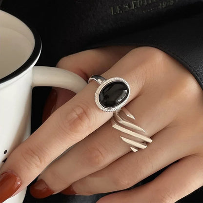 Silver Geometric Black Stone Rings for Women