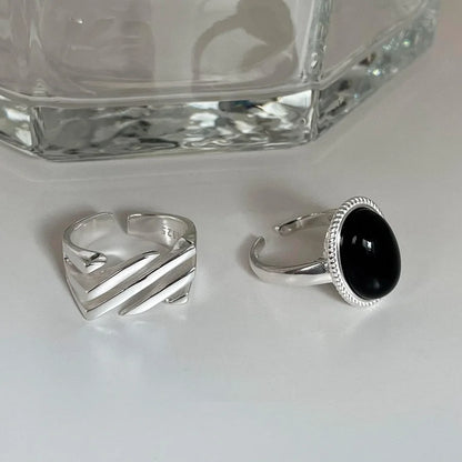 Silver Geometric Black Stone Rings for Women