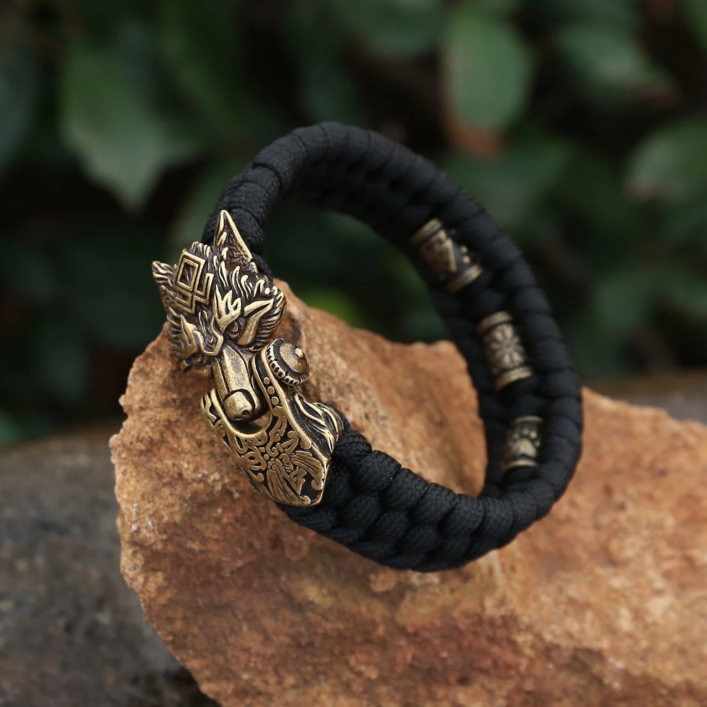 Men's Rope Bracelet With Bronze Coloured Stainless Steel Wolf Head