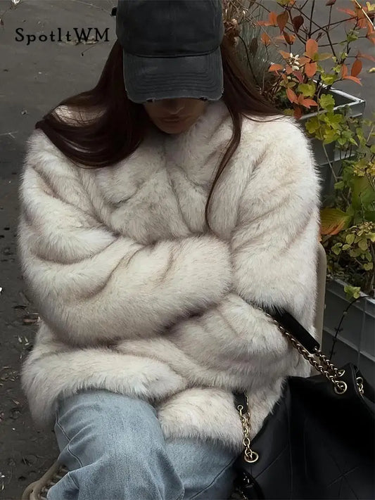 Women Fashion Faux Fur Coats Vintage Solid Loose Long Sleeve Warm Flurry Coats Autumn Winter