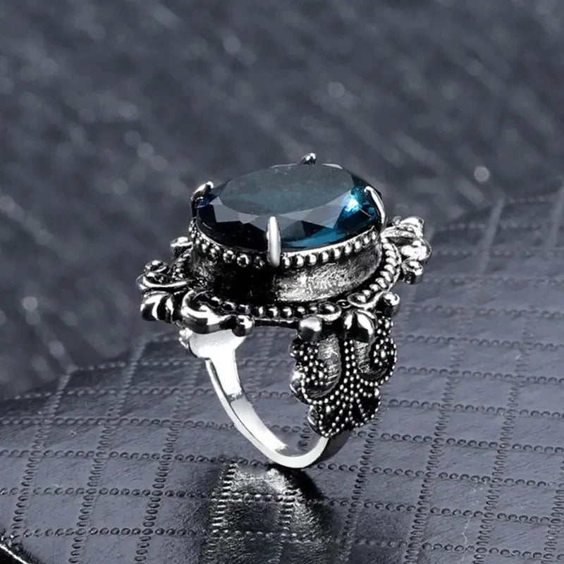 Huitan Carved Pattern Vintage Women Rings with Oval Blue Stone