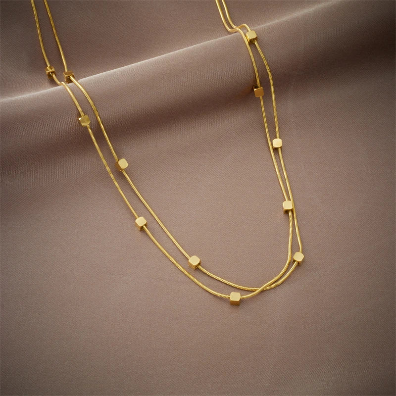 Stainless Steel 2 In 1 Small Cube Chains Necklace For Women